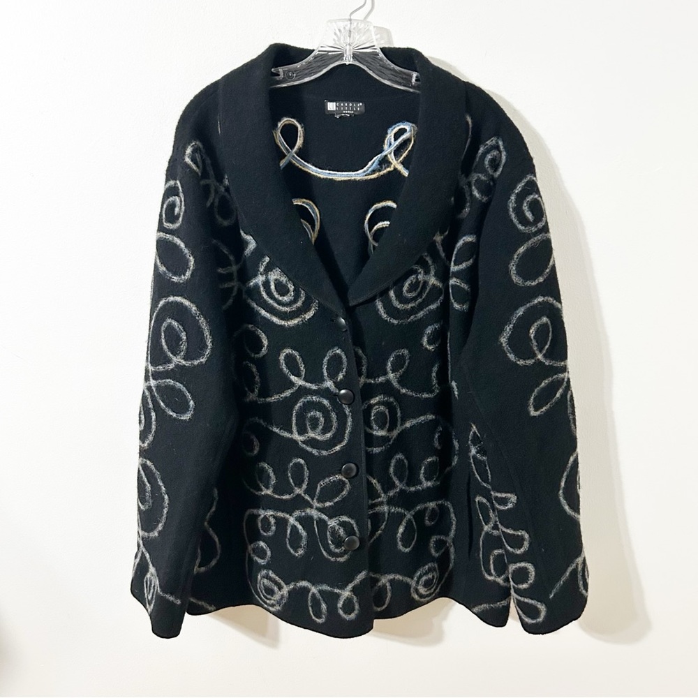 Vintage Carole Little Boiled Wool Cardigan Jacket Black- Yellow Blue White Swirl - Picture 2 of 16